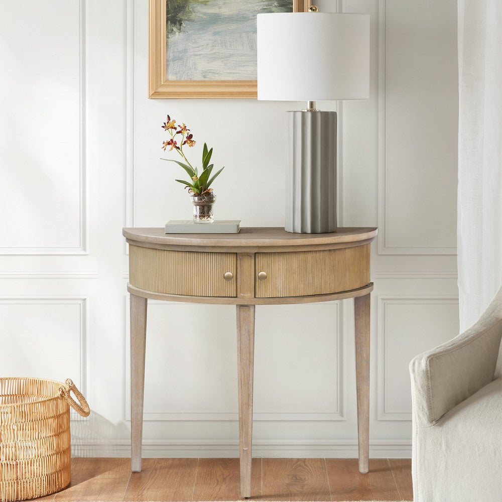 Sofa Console Table, 31" Demilune Top, 2 Doors w Knobs, Wheat Brown