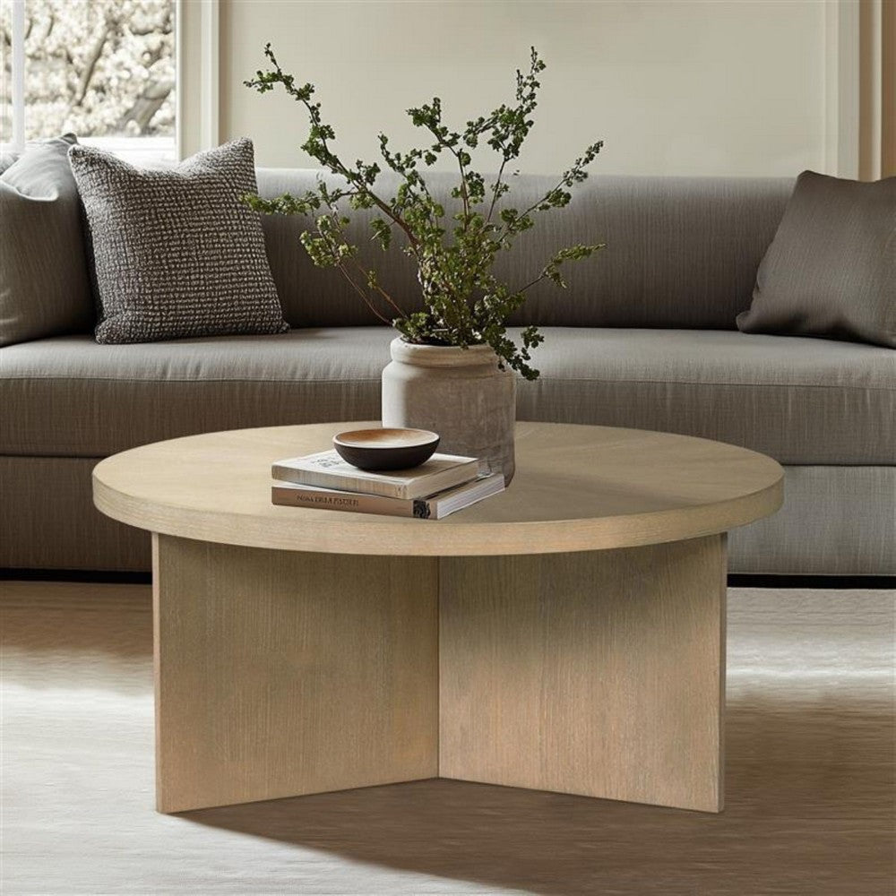Coffee Table, 36" Round Starburst Pattern Top, Light Brown Wood
