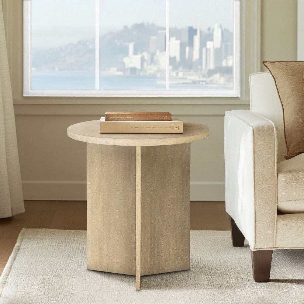 Round Accent Table, 22" Starburst Top, Panel Legs, Distress Greige