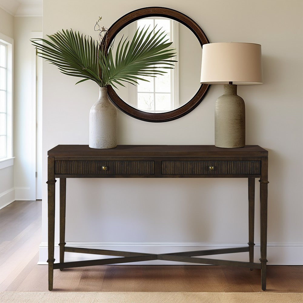 Sofa Console Table, 48", 2 Fluted Drawers, Dark Coffee Brown
