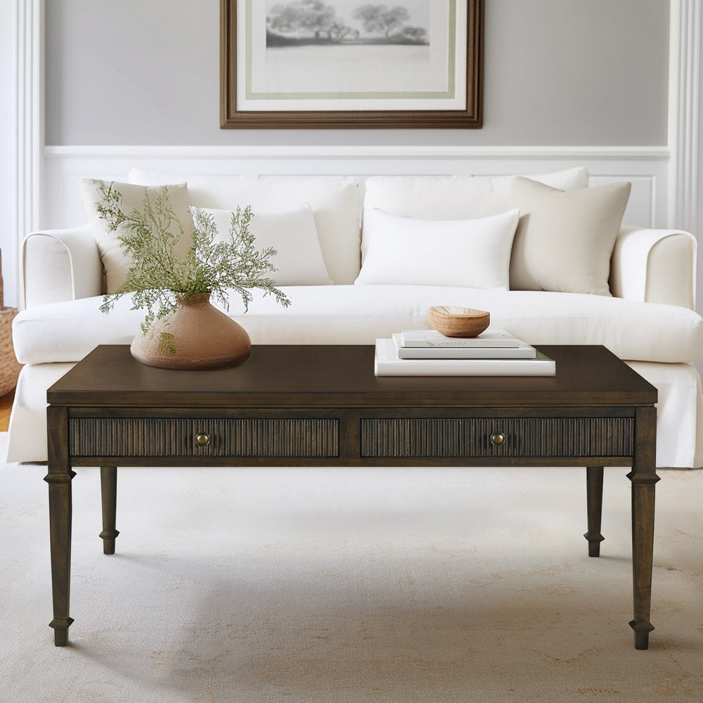 Coffee Table, 44", 2 Fluted Front Drawers, Dark Coffee Brown