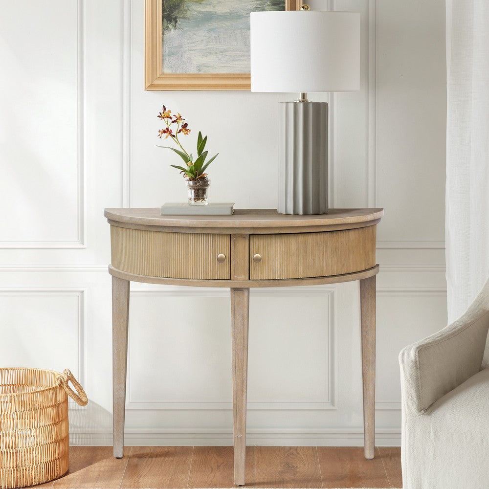 Sofa Console Table, 36" Demilune Top, 2 Doors w Knobs, Wheat Brown