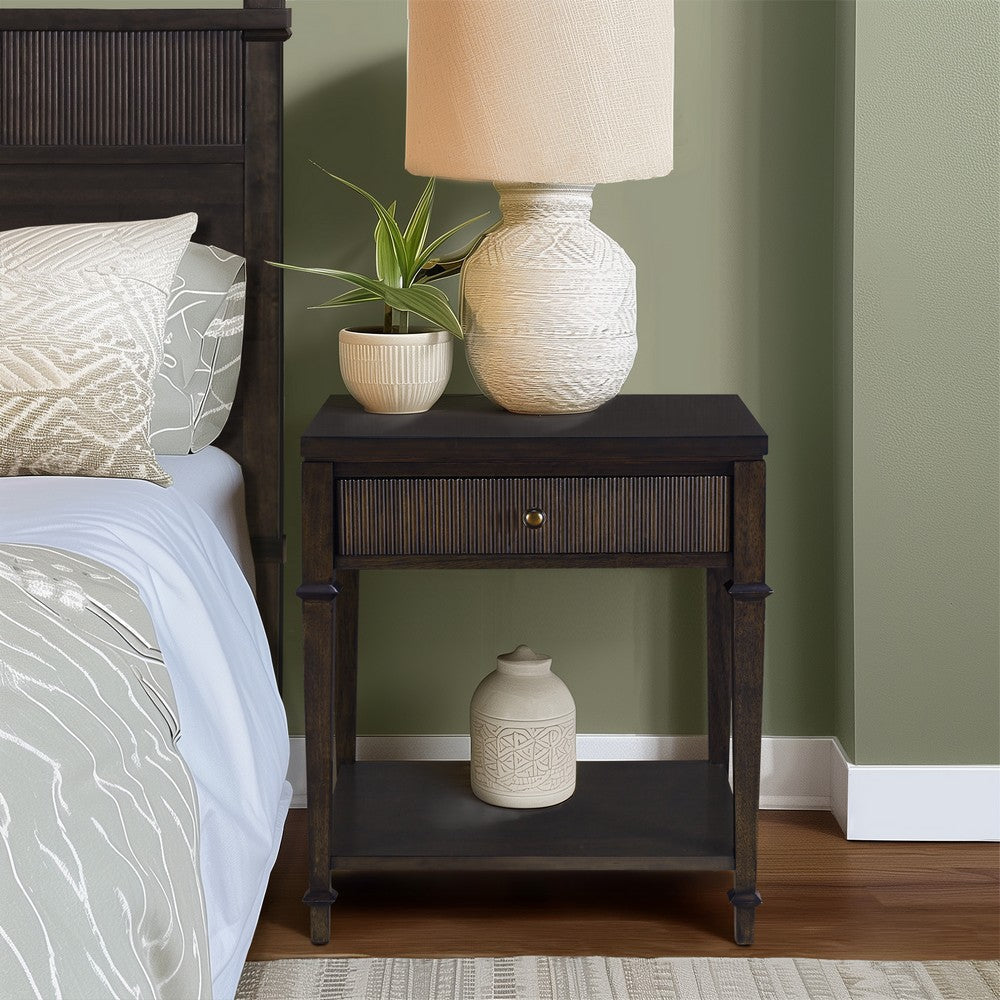 Nightstand, 1 Drawer w Gold Metal Knob, Dark Coffee Brown Wood
