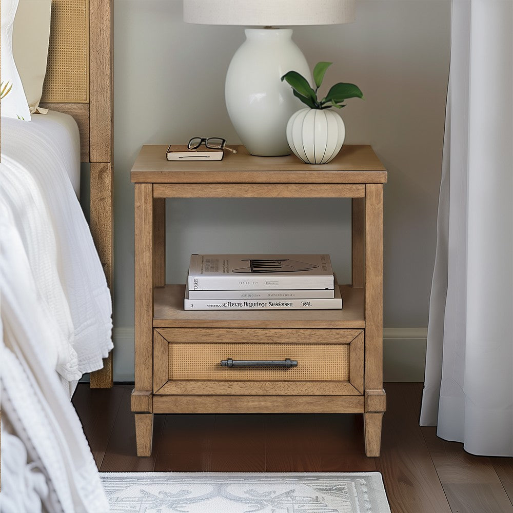 Nightstand, 1 Drawer w Open Shelf, Toasted Almond Brown Wood