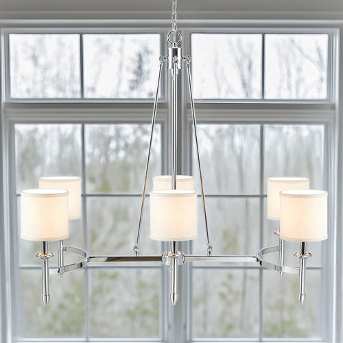 Chandelier, 6 White Cylinder Shades, Adjustable Chain, Chrome Iron