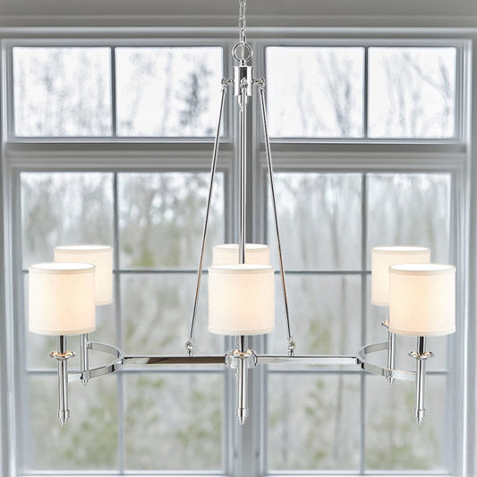 Chandelier, 6 White Cylinder Shades, Adjustable Chain, Chrome Iron