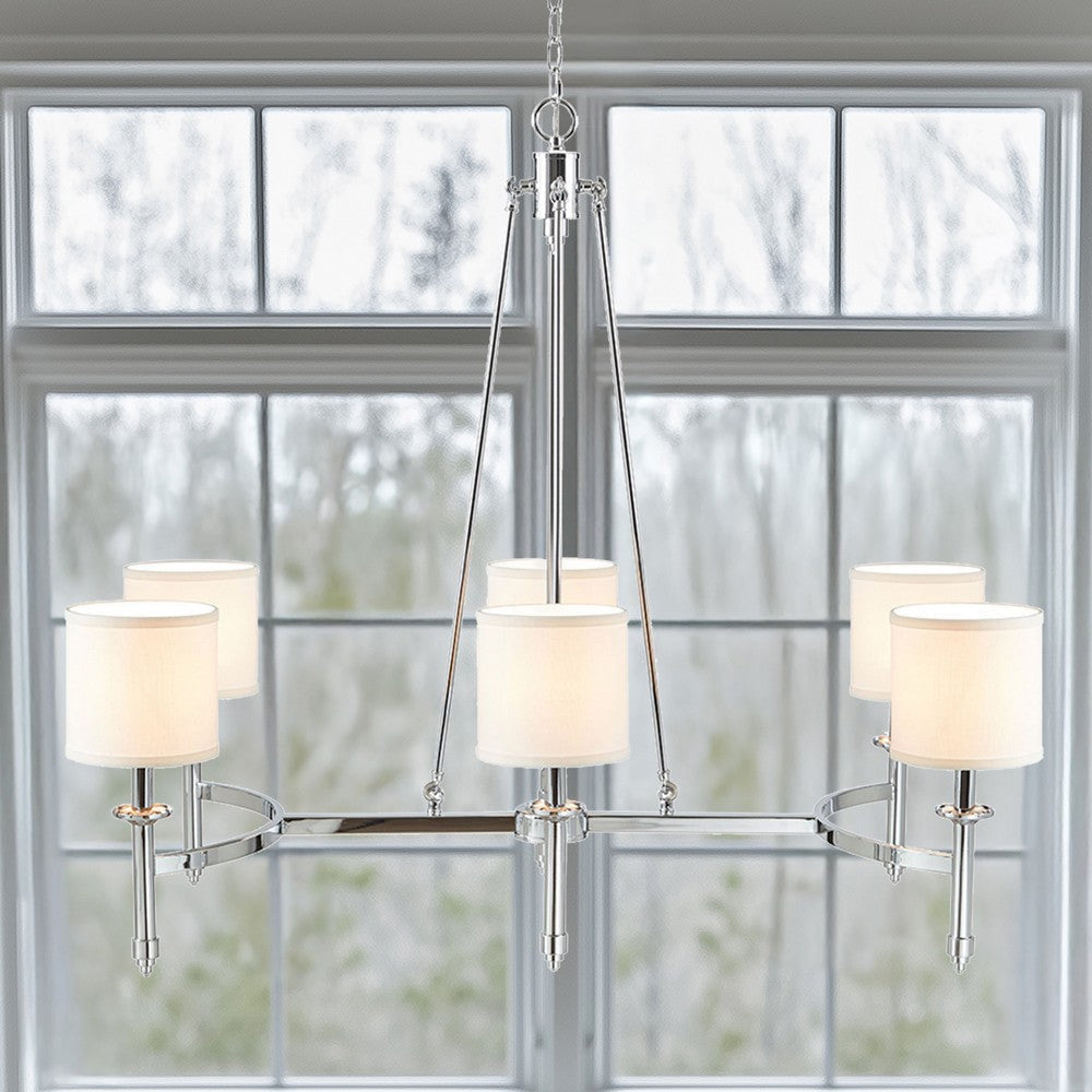 Chandelier, 6 White Cylinder Shades, Adjustable Chain, Chrome Iron