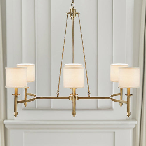 Chandelier, 6 White Shades, Adjustable Chain, Antique Gold Iron