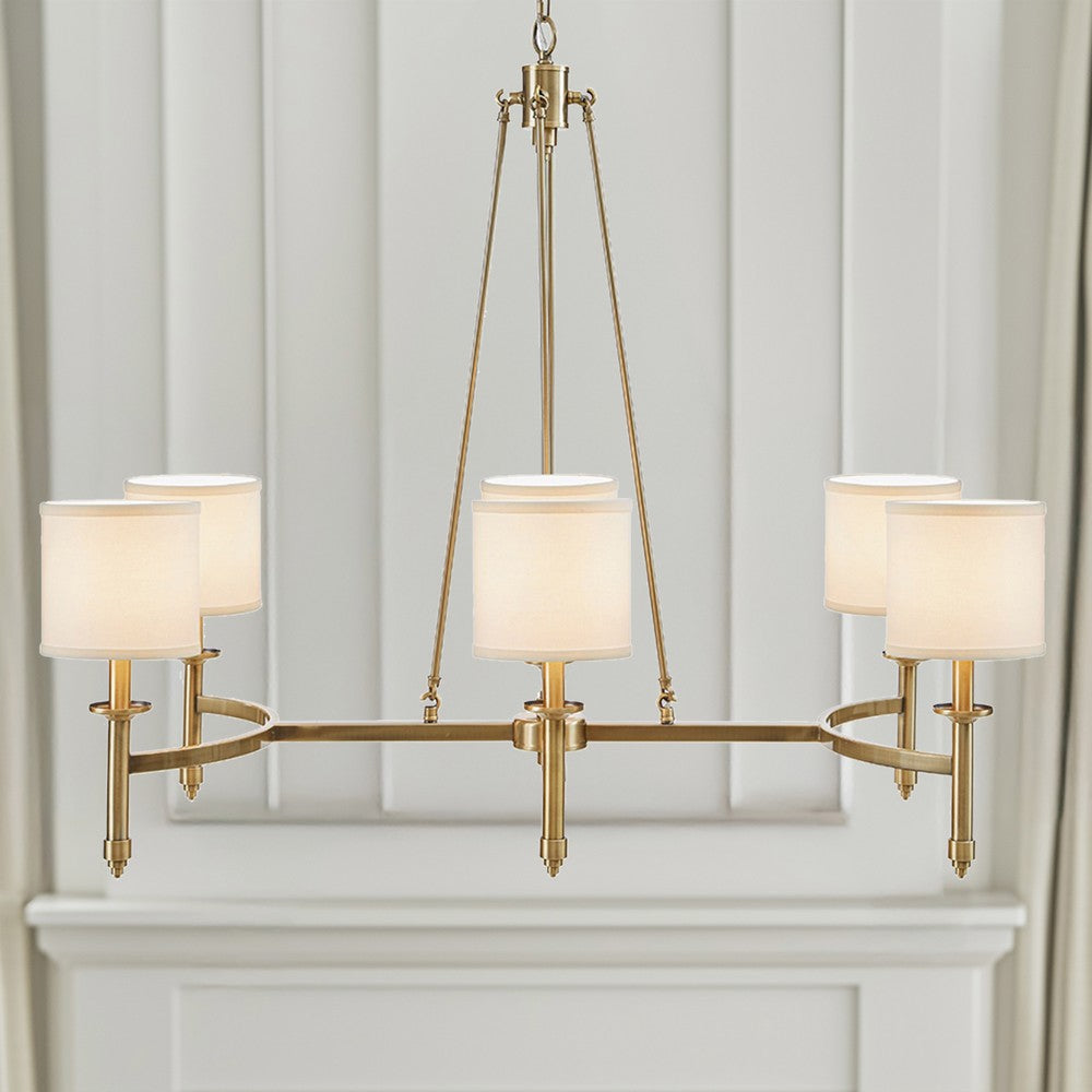 Chandelier, 6 White Shades, Adjustable Chain, Antique Gold Iron