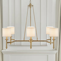 Chandelier, 6 White Shades, Adjustable Chain, Antique Gold Iron