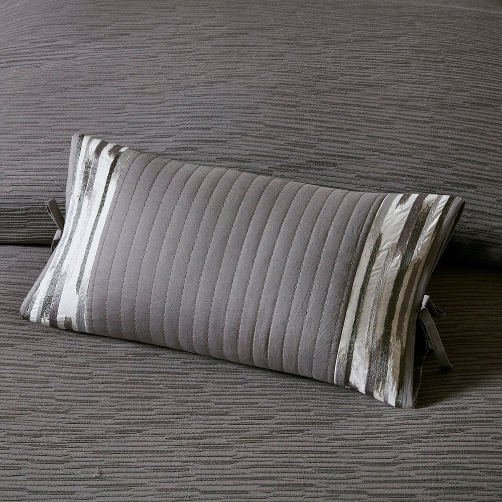 Quilted Lumbar Accent Pillow w Bow-Tie, 12x20 Gray Cotton Percale