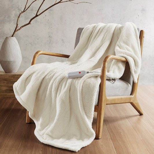 50 x 60 Heated Throw Blanket, Controller, Ivory Faux Feathersoft