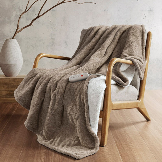 50 x 60 Heated Throw Blanket, Controller, Brown Faux Feathersoft