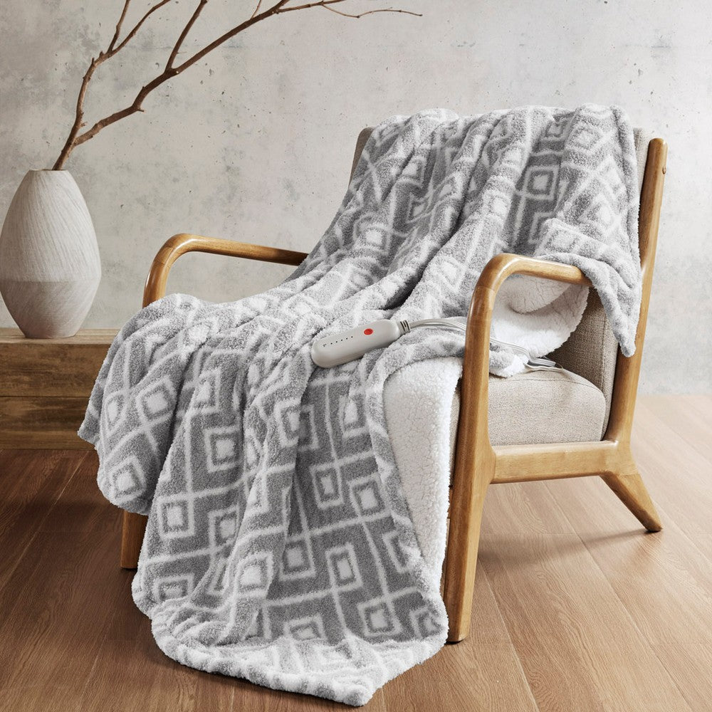 50 x 60 Heated Throw Blanket, Gray and White Geo Faux Feathersoft