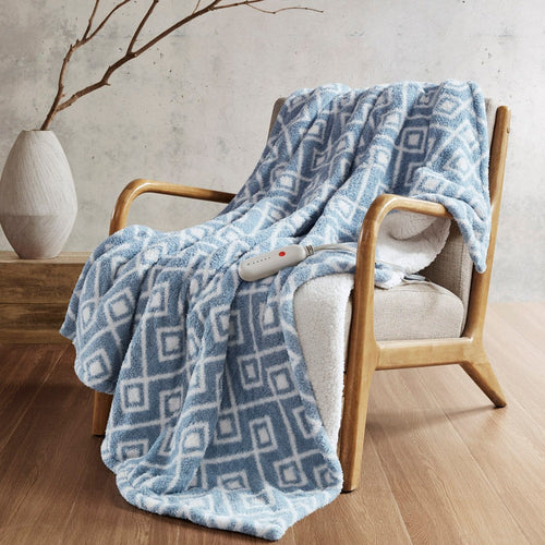 50 x 60 Heated Throw Blanket, Blue and White Geo Faux Feathersoft