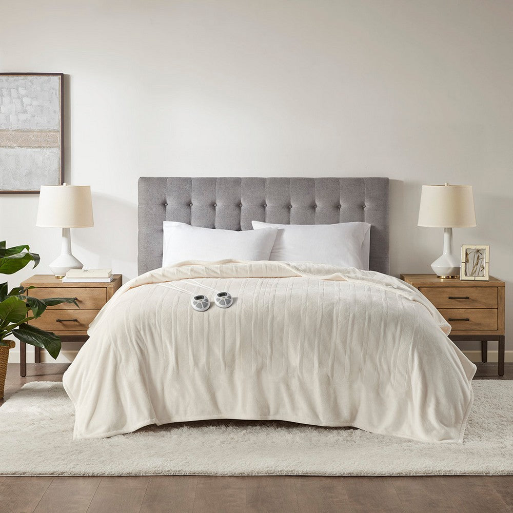Queen Size Heated Blanket w 2 Heat Controllers, Ivory Polyester