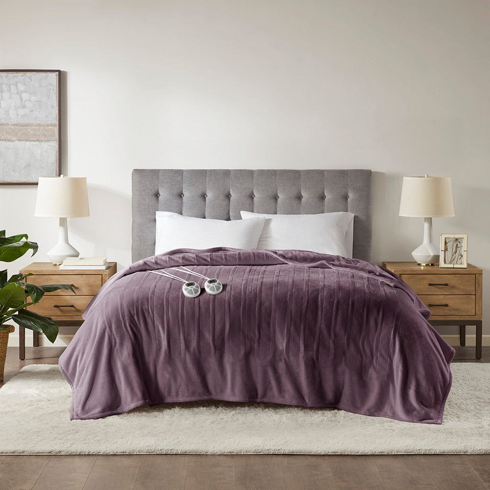 Queen Size Heated Blanket w 2 Heat Controllers, Purple Polyester