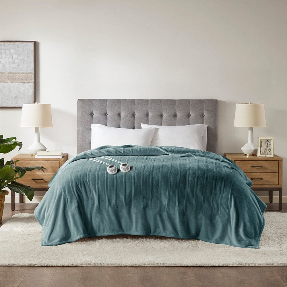 Queen Size Heated Blanket, 2 Heat Controllers, Teal Blue Polyester
