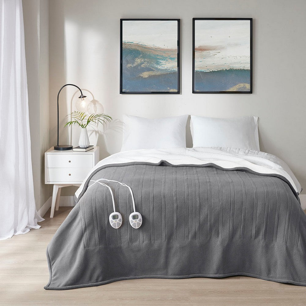 Full Size Blanket, Heated Function, Fleece and Sherpa, Dark Gray