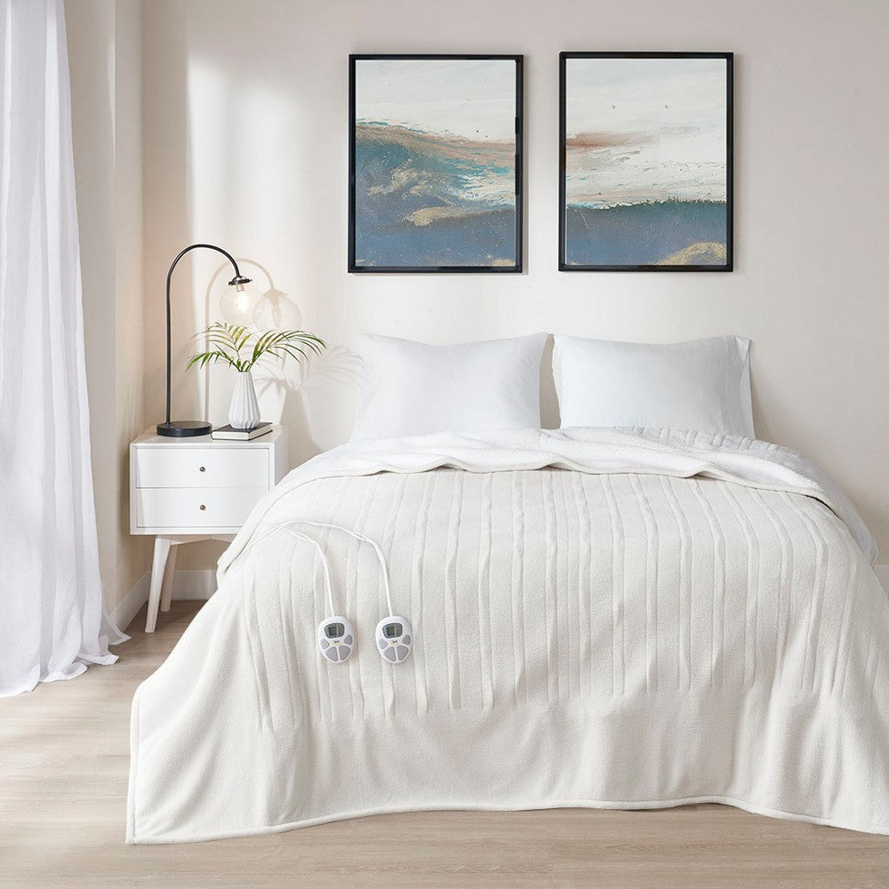 Twin XL Size Blanket, Heated Function, Fleece and Sherpa, Ivory
