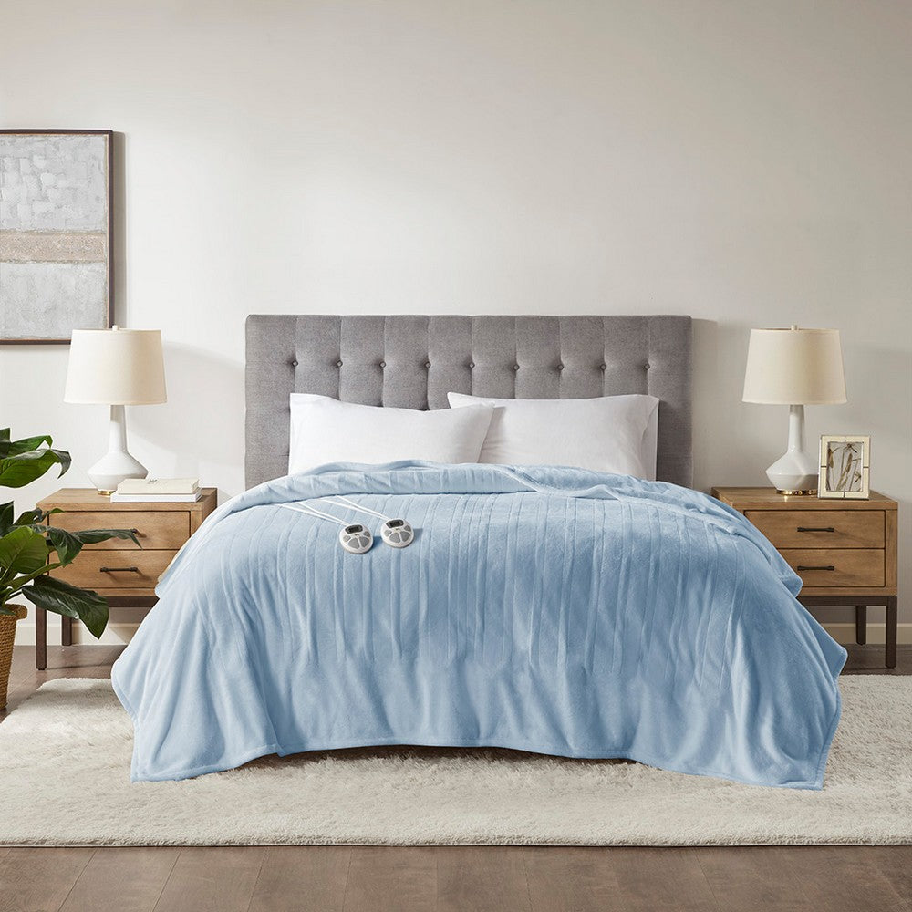 King Size Heated Blanket, 2 Heat Controllers, Light Blue Polyester