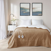Queen Size Heated Blanket w Controllers, Fleece and Sherpa, Brown