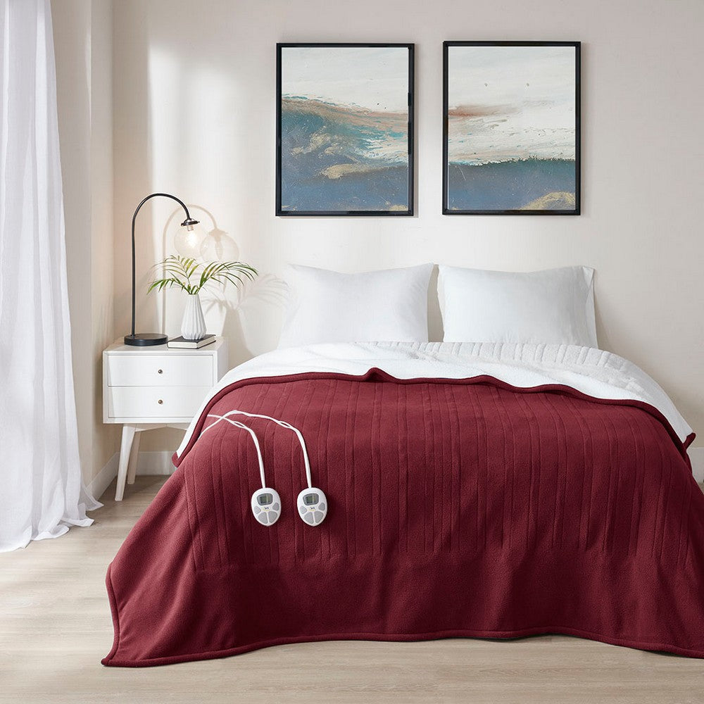 Twin Size Heated Blanket, Controller, Burgundy Fleece w Sherpa