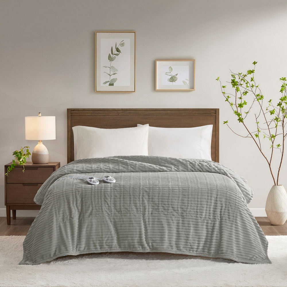 Twin Size Blanket, Heated Function, Ribbed Design, Gray