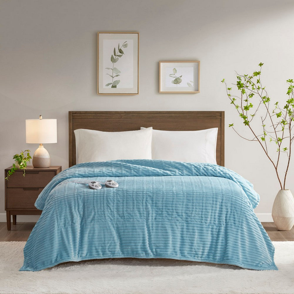Twin Size Blanket, Heated Function, Ribbed Design, Sky Blue