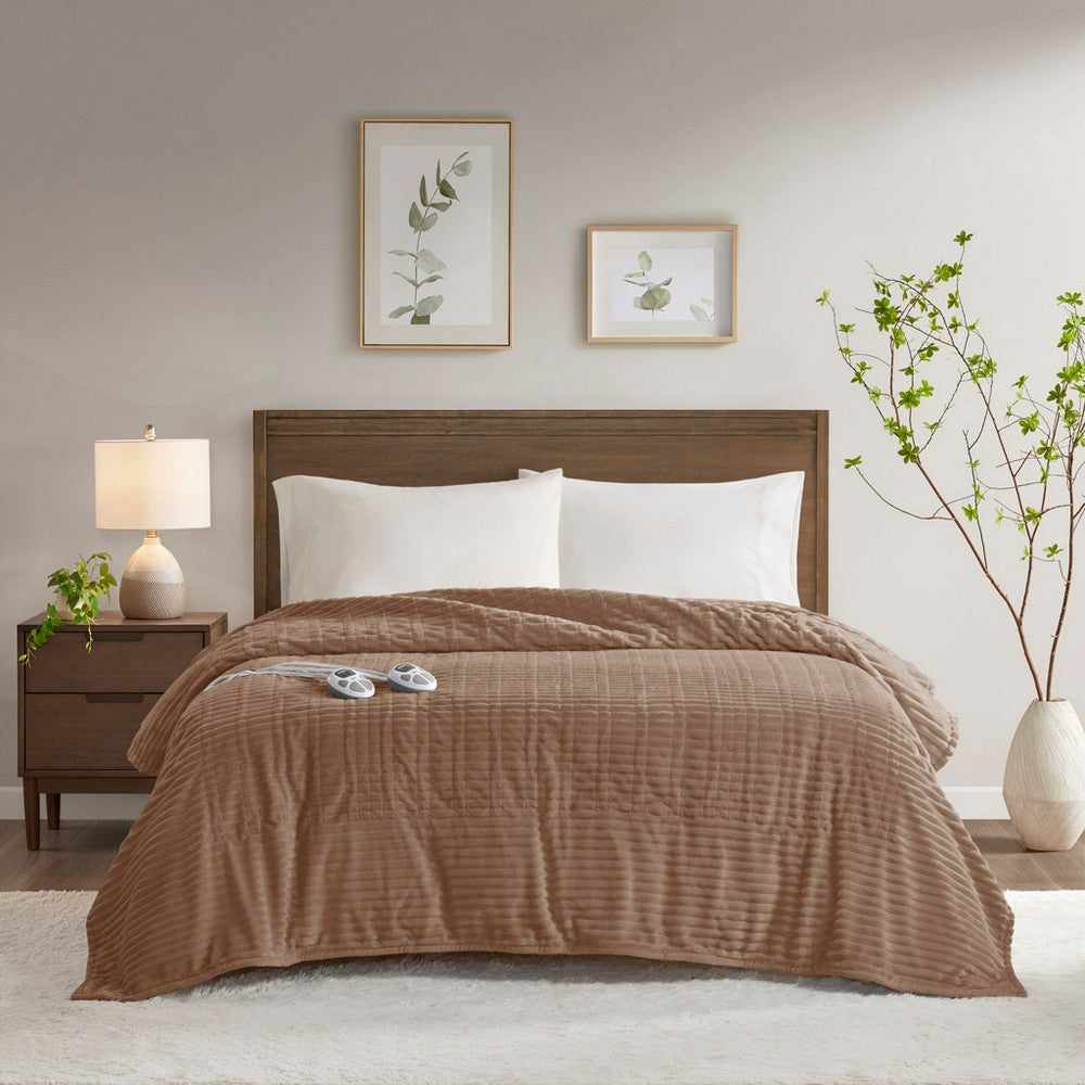 Twin Size Blanket, Heated Function, Ribbed Design, Brown