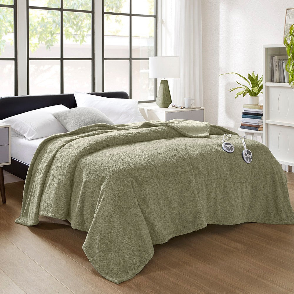 Twin XL Size Blanket, 10 Heat Function, Faux Feathersofa, Sage Green