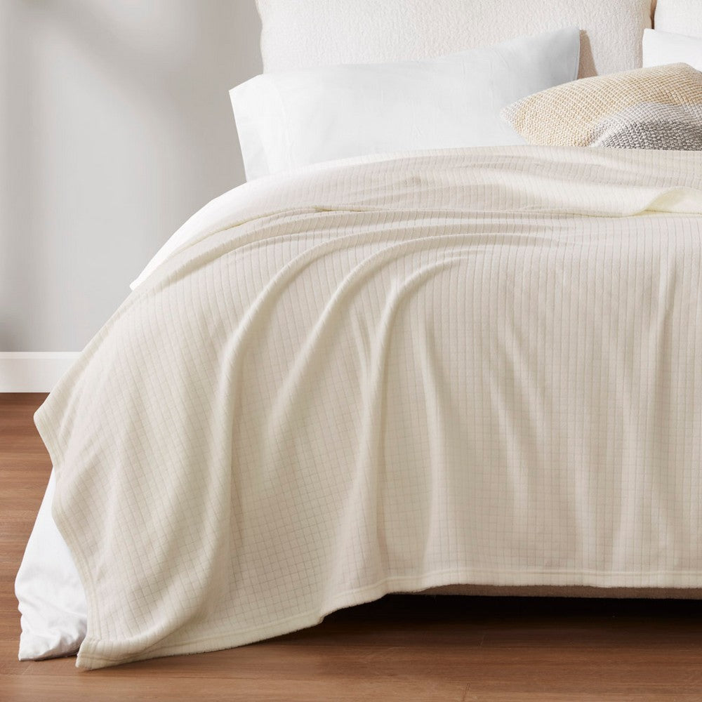 Queen Blanket, Grid Pattern, Taupe Brushed Polyester Microfleece