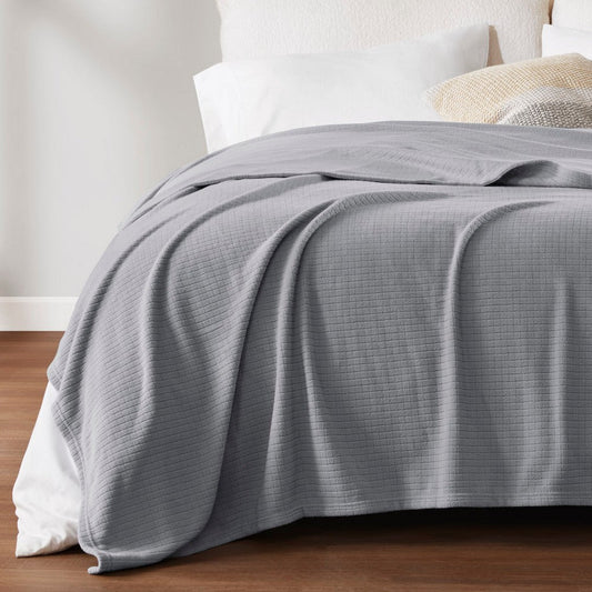 Queen Blanket, Grid Pattern, Gray Brushed Polyester Microfleece