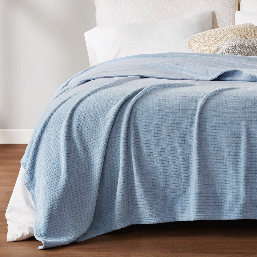 Queen Blanket, Grid Pattern, Blue Brushed Polyester Microfleece