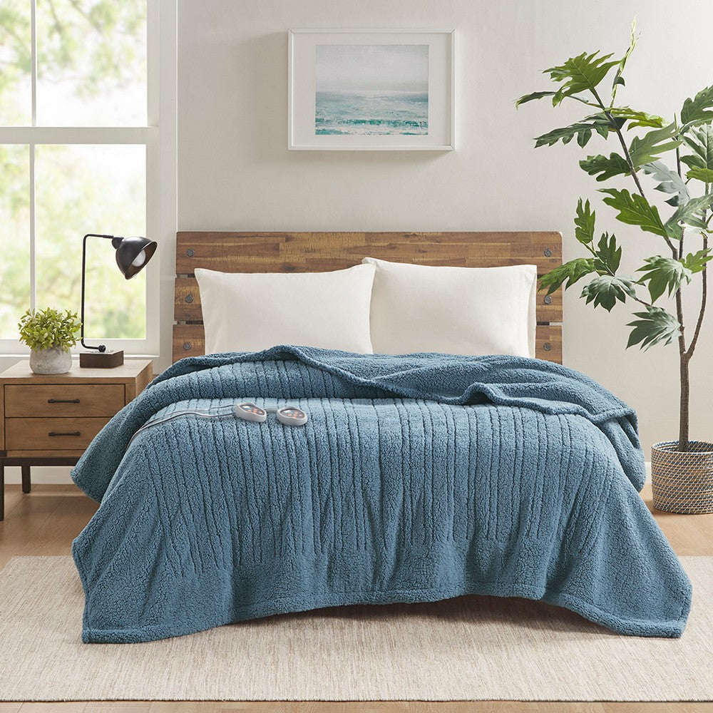 Full Electric Blanket with 20 Heat Settings & Timer, Blue Sherpa