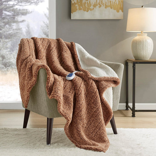 Heated Throw with 3 Heat Settings, Variegated Front, Brown Sherpa