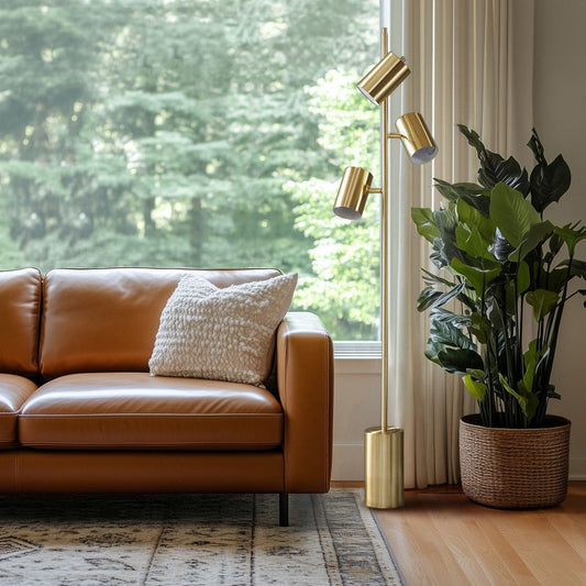 Floor Lamp, 3 Light Cylindrical Shades, Gold Metal Frame