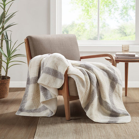 Throw Blanket, Plaid Natural Cream Faux Mohair Face & Sherpa Back