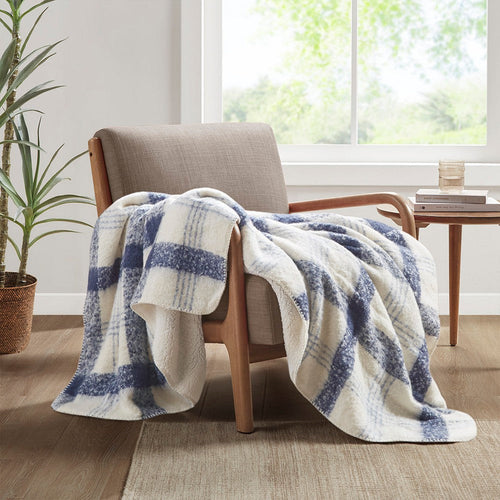 Throw Blanket, Blue Plaid, Cream Faux Mohair Face & Sherpa Reverse