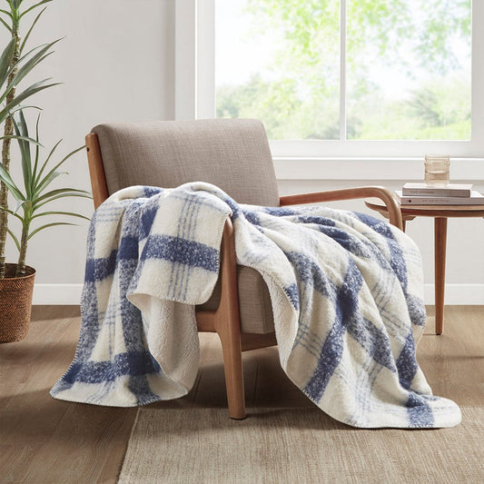 Throw Blanket, Blue Plaid, Cream Faux Mohair Face & Sherpa Reverse