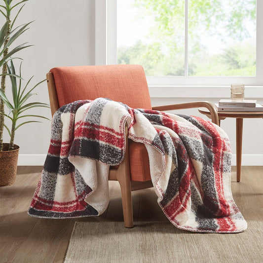 Throw Blanket, Red Plaid, Cream Faux Mohair Face & Sherpa Reverse
