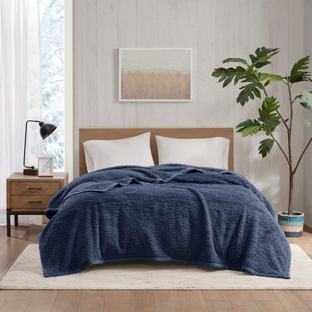 Queen Blanket with Velvet Binding, Solid Navy Blue Brushed Berber
