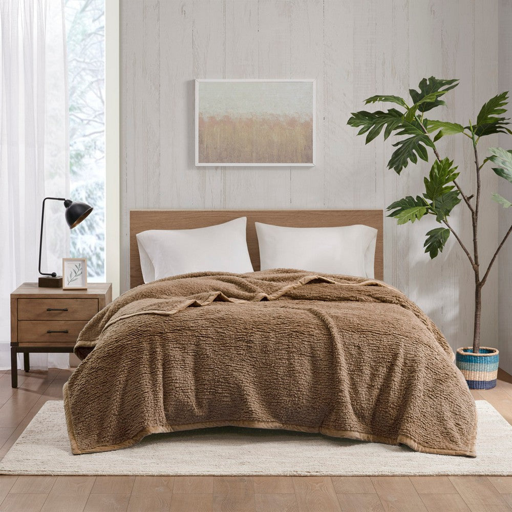 Queen Size Blanket with Velvet Binding, Solid Brown Brushed Berber