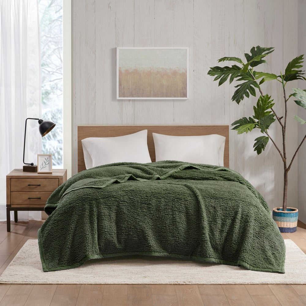 King Size Blanket with Velvet Binding, Solid Green Brushed Berber