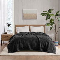 Twin Size Blanket with Velvet Binding, Solid Black Brushed Berber
