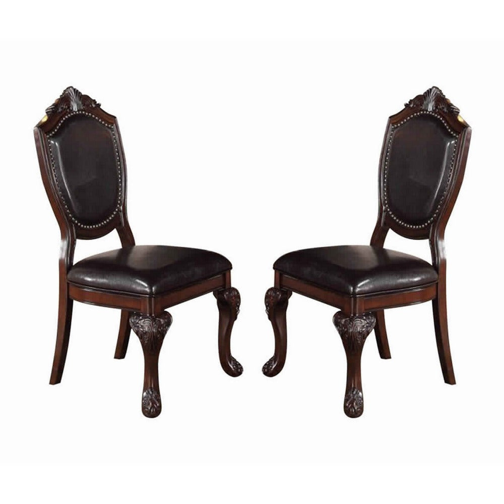 Dining Chair | Traditional Rubber Wood | Faux Leather | Set of 2 | Brown