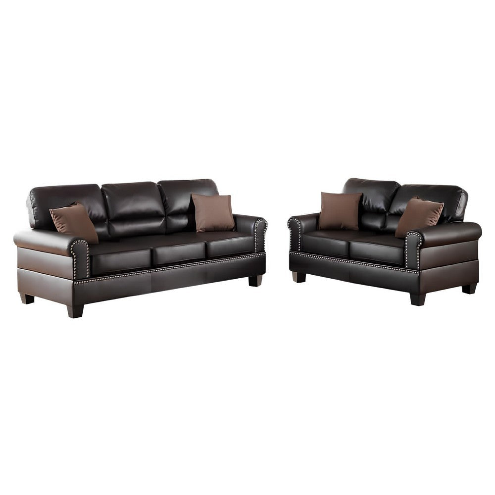 2 Pc Sofa and Loveseat Set Espresso Brown Faux Leather Nailhead Trim PDX-F7878