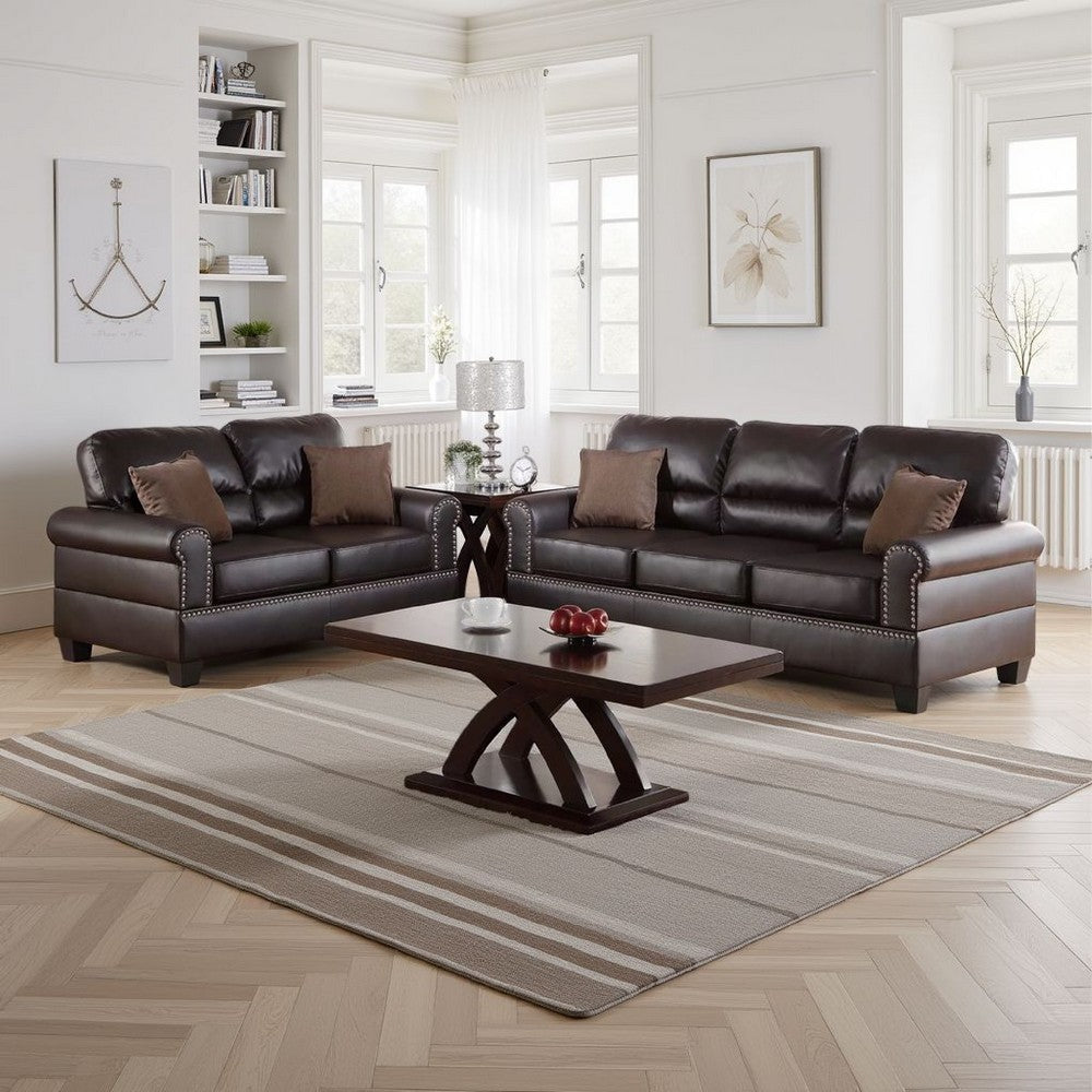 2 Pc Sofa and Loveseat Set, Espresso Brown Faux Leather, Nailhead Trim