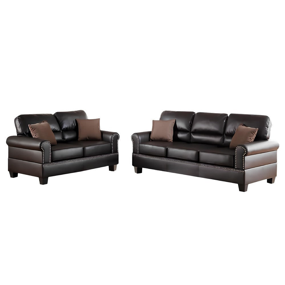 2 Pc Sofa and Loveseat Set Espresso Brown Faux Leather Nailhead Trim PDX-F7878