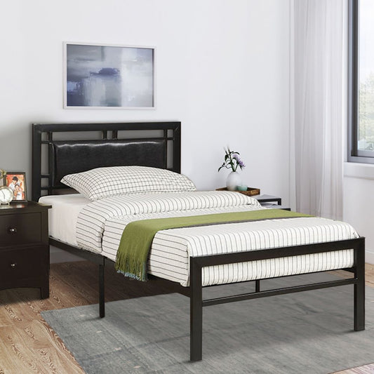 Metal Twin Size Bed With Wood Panel Headboard Silver & Black